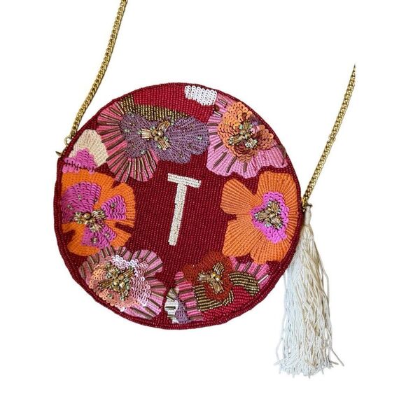Anthropologie Womens Red Pink Monogram T Embellished Chain Strap Round Pouch - Picture 4 of 9